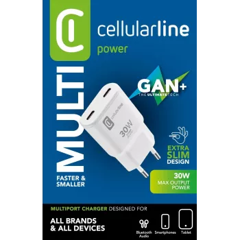 Cellularline GAN carregador de parede 2xUSB-C 30W PD carregador de parede 2xUSB-C 30W PD com tecnologia GaN