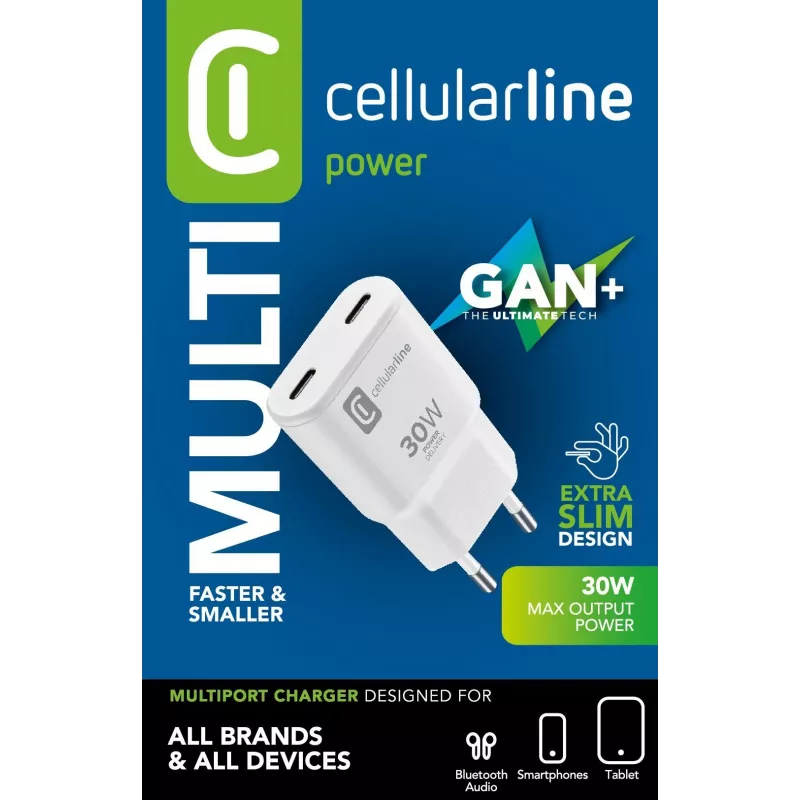Cellularline GAN carregador de parede 2xUSB-C 30W PD carregador de parede 2xUSB-C 30W PD com tecnologia GaN