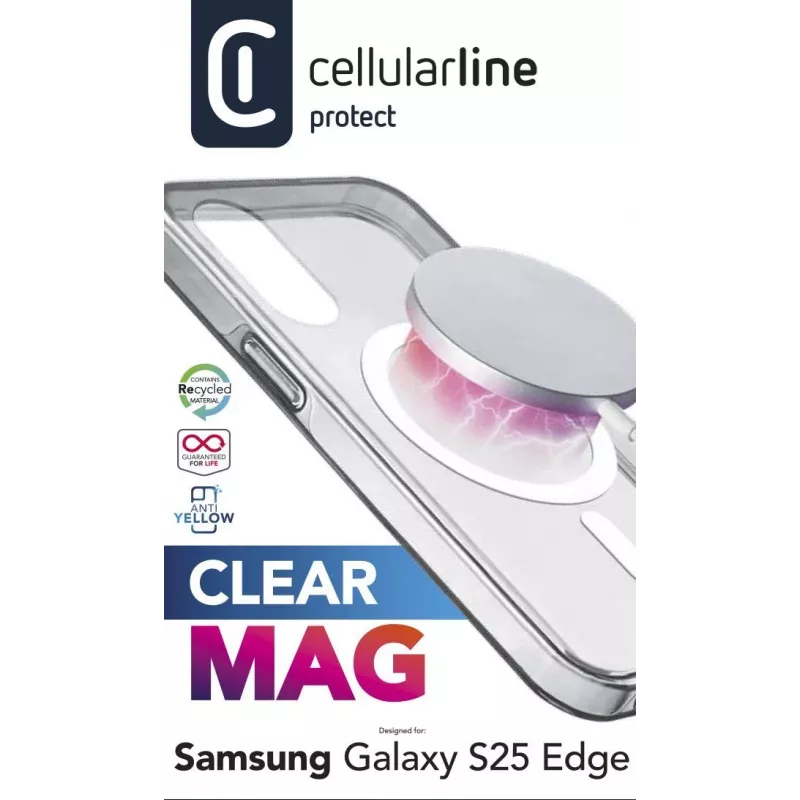 Cellularline Clear Mag - Galaxy S25 Edge capa transparente ultrarresistente com rebordo de borracha, compatível com o ecossistema Qi2 e acessórios magnéticos, tratada contra o amarelecimento.
