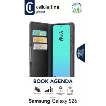Cellularline Book Agenda - Galaxy S26 capa tipo livro com acabamento em pele sintética, fecho magnético, proteção RFID e função de suporte.
