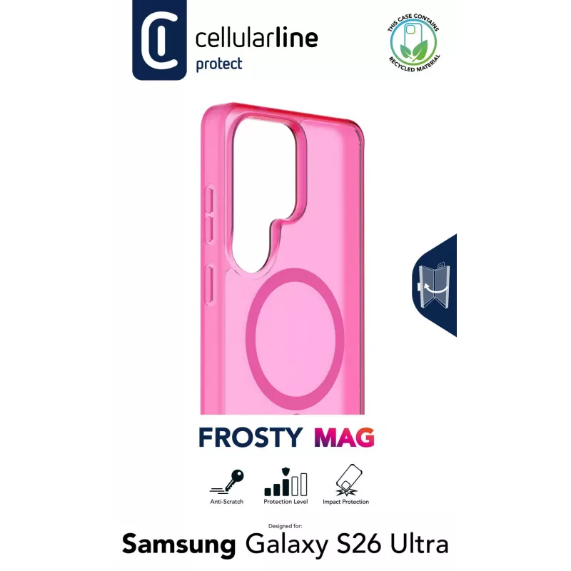 Cellularline FROSTY MAG - Galaxy S26 Ultra capa semitransparente com superfície mate e rebordos coloridos, compatível com o ecossistema Qi2 e acessórios magnéticos para Samsung.