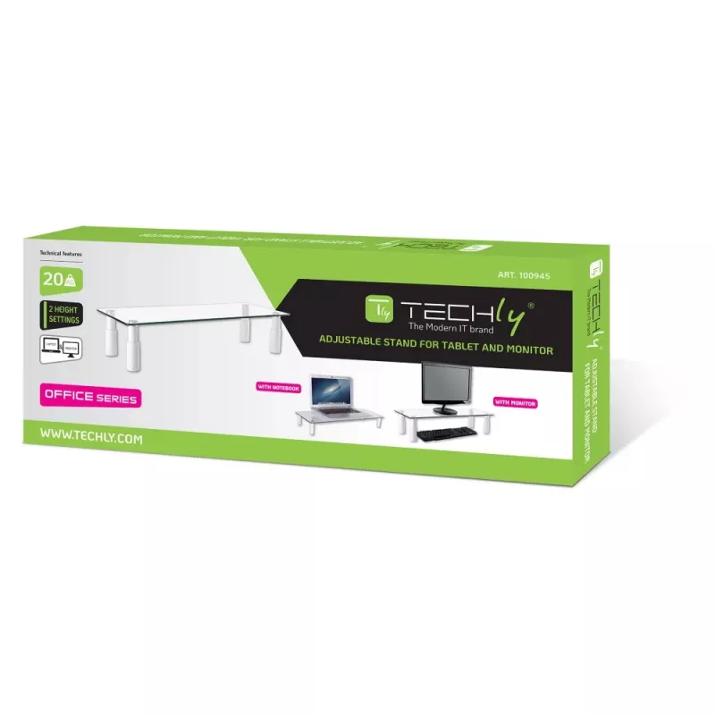 Techly Suporte de vidro para monitor/portátil, autónomo, 20 kg, 33 cm (13 polegadas), 81,3 cm (32 polegadas), altura ajustável, transparente