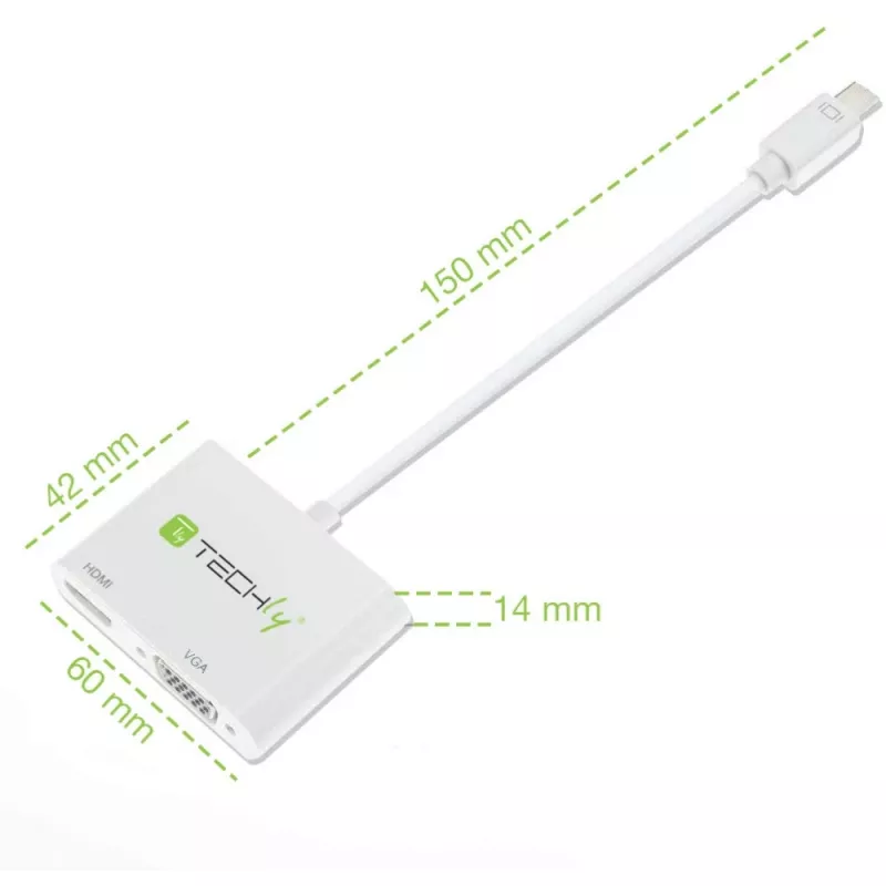 Techly Adaptador Mini DisplayPort para HDMI/VGA, 0,15 m, Mini DisplayPort, HDMI + VGA (D-Sub), ficha, conector fêmea, 1920 x 1200 píxeis