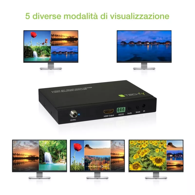 Techly HDMI 4x1 Multiviewer com comutador sem interrupções, HDMI, metal, preto, 60 Hz, 1080p, 2,25 Gbit/s