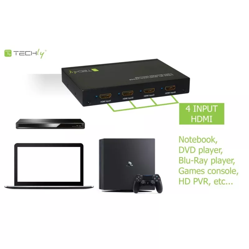 Techly HDMI 4x1 Multiviewer com comutador sem interrupções, HDMI, metal, preto, 60 Hz, 1080p, 2,25 Gbit/s