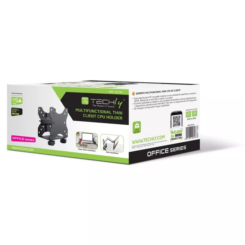 Techly Suporte de CPU ajustável sob a secretária, 5 kg, 75 x 75 mm, 100 x 100 mm, preto