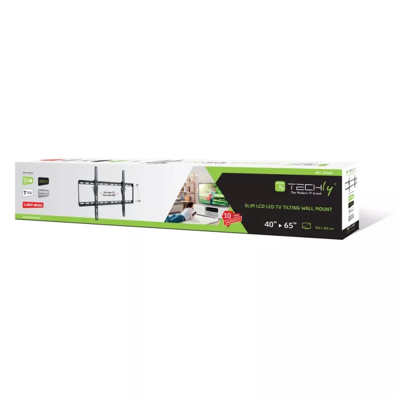 Suporte de parede fixo Techly TV LED LCD 40-65 polegadas, 165,1 cm (65 polegadas), 200 x 200 mm, 600 x 400 mm, -12 – 0°, metal, preto