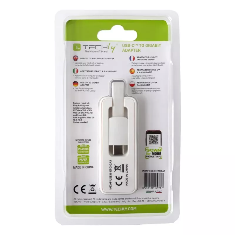 Techly Adaptador de USB 3.1 Type-C para RJ45 Gigabit Ethernet, branco