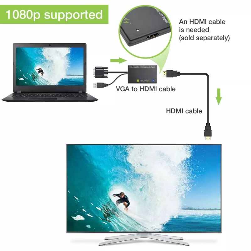 Conversor de cabo Techly SVGA e áudio para HDMI IDATA HDMI-VGA3