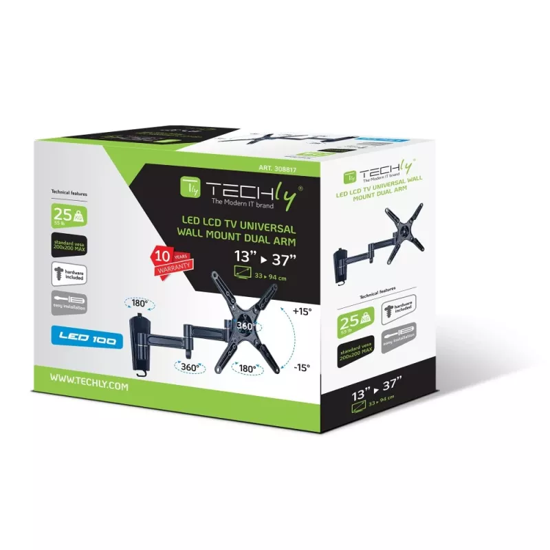 Suporte de parede inclinável Techly 13-37 LED TV LCD 3 articulações preto ICA-LCD 2102
