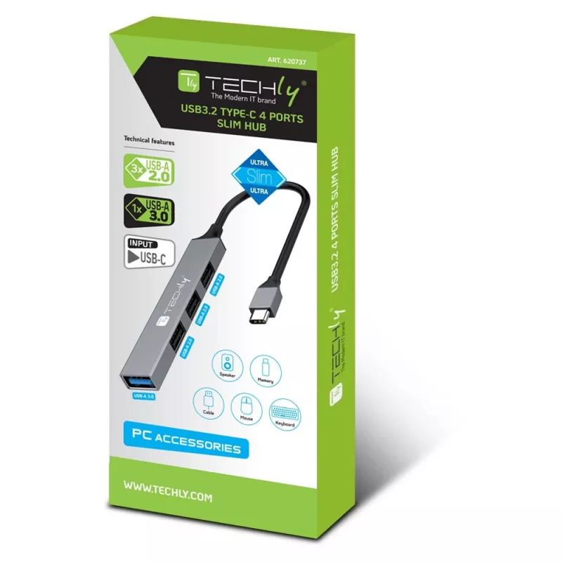 Techly IUSB32-HUB4C-3U2SLS Docking station/Replicador de portas para portátil com fios USB 3.2 Gen 1 (3.1 Gen 1) Type-C cinzento