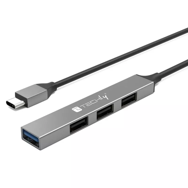 Techly IUSB32-HUB4C-3U2SLS Docking station/Replicador de portas para portátil com fios USB 3.2 Gen 1 (3.1 Gen 1) Type-C cinzento