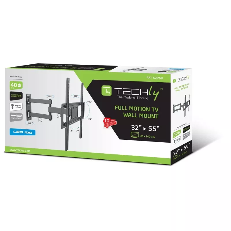 Techly Suporte de parede para TV LED-LCD 32-55 polegadas Full-Motion, 400 x 400 mm, -15 - 10°, 10 - 90°, 180°, Aço, Preto