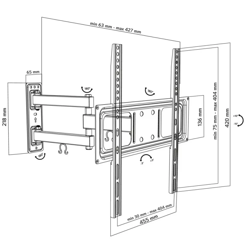 Techly Suporte de parede para TV LED-LCD 32-55 polegadas Full-Motion, 400 x 400 mm, -15 - 10°, 10 - 90°, 180°, Aço, Preto
