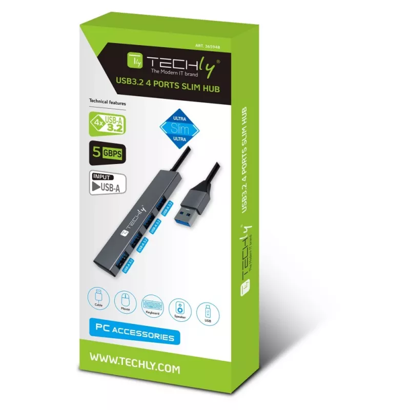 Techly IUSB32-HUB4A-4U3SL Docking station/replicador de portas para portátil Com fios USB 3.2 Gen 1 (3.1 Gen 1) Type-A Cinzento