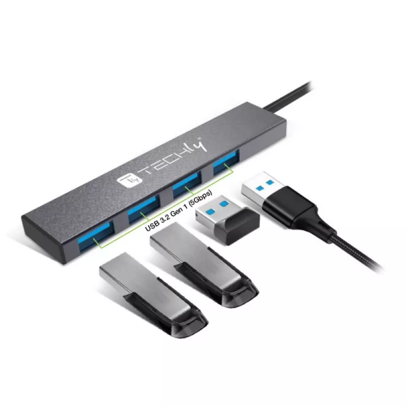 Techly IUSB32-HUB4A-4U3SL Docking station/replicador de portas para portátil Com fios USB 3.2 Gen 1 (3.1 Gen 1) Type-A Cinzento