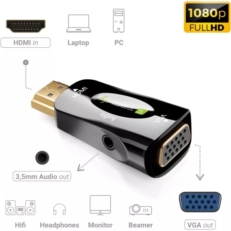 Techly IDATA HDMI-VGA2MABT2 Conversor de sinal de vídeo Conversor de vídeo passivo 1920 x 1080 píxeis