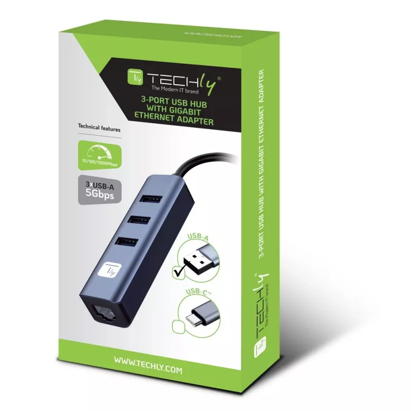 Techly IDATA USB-ETGIGA3AA Docking station/replicador de portas para portátil Com fios USB 3.2 Gen 1 (3.1 Gen 1) Type-A Preto, Prateado
