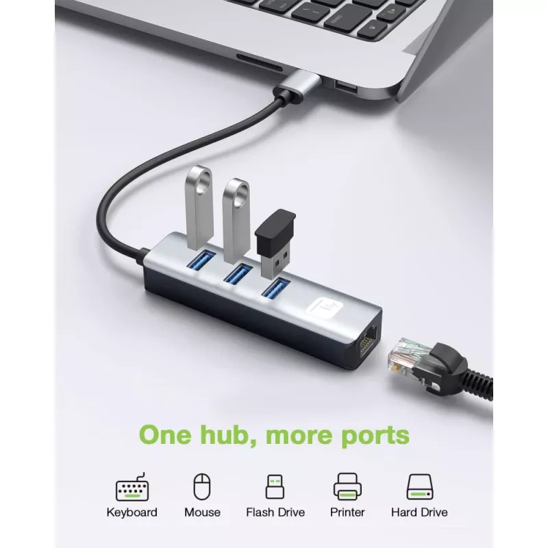 Techly IDATA USB-ETGIGA3AA Docking station/replicador de portas para portátil Com fios USB 3.2 Gen 1 (3.1 Gen 1) Type-A Preto, Prateado