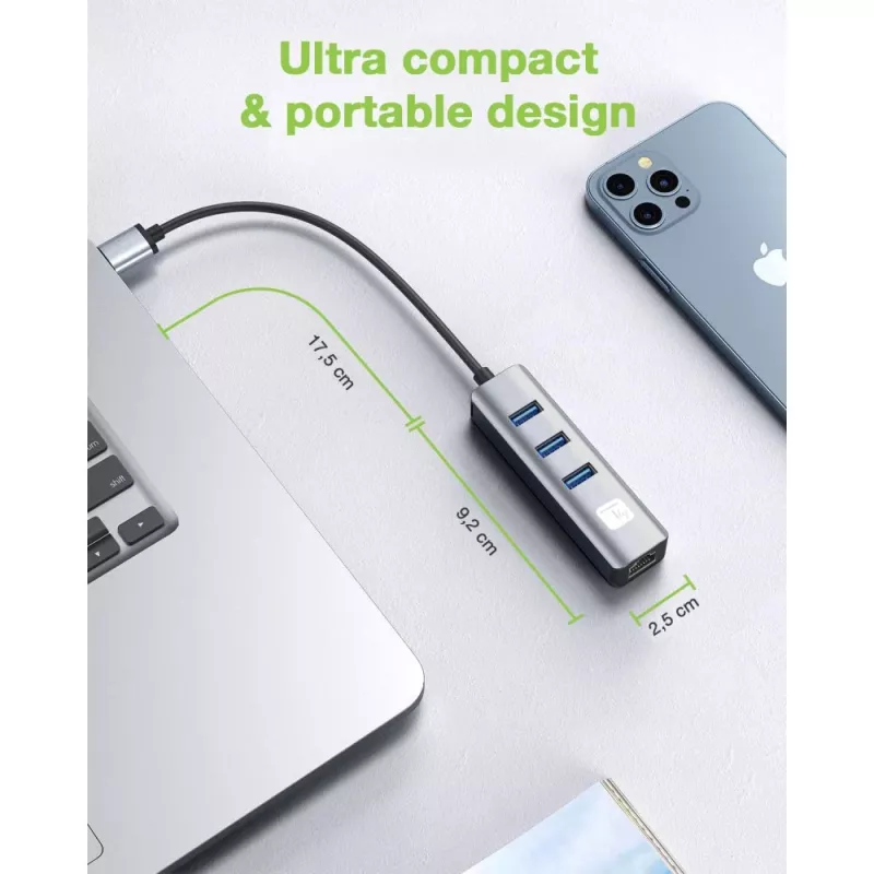 Techly IDATA USB-ETGIGA3AA Docking station/replicador de portas para portátil Com fios USB 3.2 Gen 1 (3.1 Gen 1) Type-A Preto, Prateado