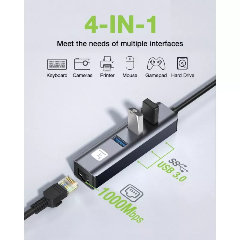 Techly IDATA USB-ETGIGA3AA Docking station/replicador de portas para portátil Com fios USB 3.2 Gen 1 (3.1 Gen 1) Type-A Preto, Prateado