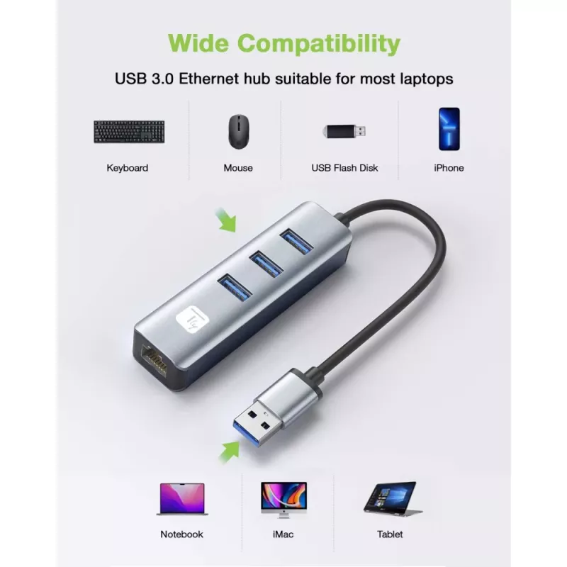 Techly IDATA USB-ETGIGA3AA Docking station/replicador de portas para portátil Com fios USB 3.2 Gen 1 (3.1 Gen 1) Type-A Preto, Prateado