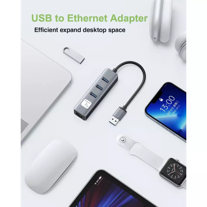 Techly IDATA USB-ETGIGA3AA Docking station/replicador de portas para portátil Com fios USB 3.2 Gen 1 (3.1 Gen 1) Type-A Preto, Prateado