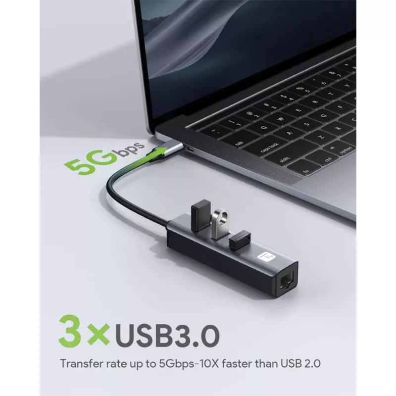 Techly IDATA USB-ETGIGA3CA Docking station/replicador de portas para portátil Com fios USB 3.2 Gen 1 (3.1 Gen 1) Type-A + Type-C Preto, Prateado