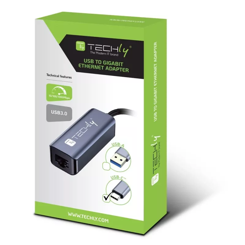 Techly IDATA USB-ETGIGA-CA Docking station/replicador de portas para portátil Com fios USB 3.2 Gen 1 (3.1 Gen 1) Type-C Preto, Prateado
