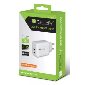Techly IPW-USB-2C35W Carregador para dispositivos móveis Portátil, Smartphone, Tablet Branco AC Interior Carregamento rápido