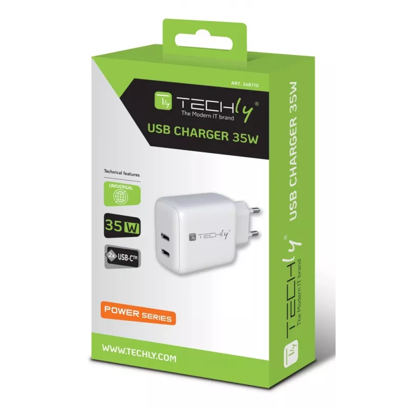 Techly IPW-USB-2C35W Carregador para dispositivos móveis Portátil, Smartphone, Tablet Branco AC Interior Carregamento rápido