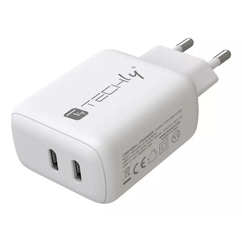 Techly IPW-USB-2C35W Carregador para dispositivos móveis Portátil, Smartphone, Tablet Branco AC Interior Carregamento rápido