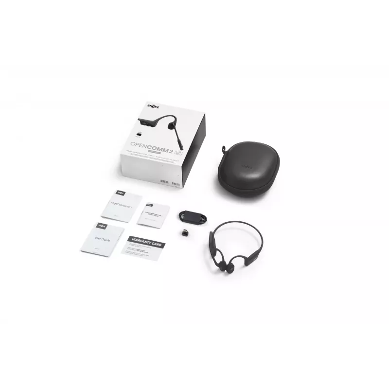 Auscultadores Bluetooth sem fios com condução óssea SHOKZ OpenComm2 UC 2025 Upgrade para videoconferências, porta de carregamento USB-C e adaptador USB-C | 16 h de tempo de conversação, 29 m de alcance, 1 h de carregamento | Inclui microfone boom com cancelamento de ruído e dongle, preto
