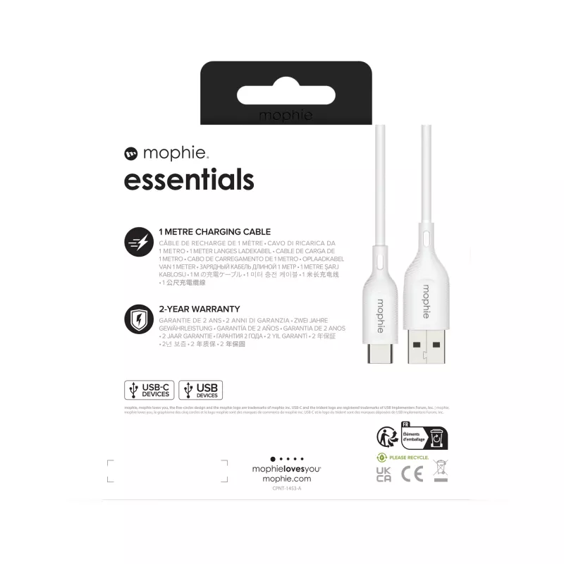 mophie essentials cabo de carregamento | 1M cabo USB USB 2.0 USB A USB C branco
