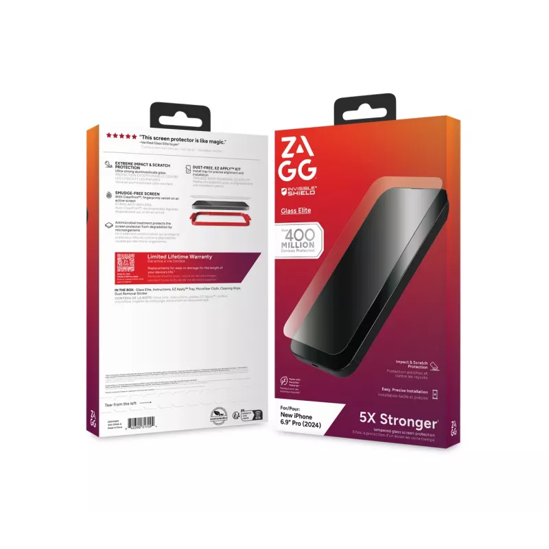 InvisibleShield Glass Elite Apple iPhone 16 Pro Max proteção de ecrã, Apple, iPhone 16 Pro Max, antibacteriana, resistente a choques, resistente a riscos, à prova de quebra, transparente, 1 unid.