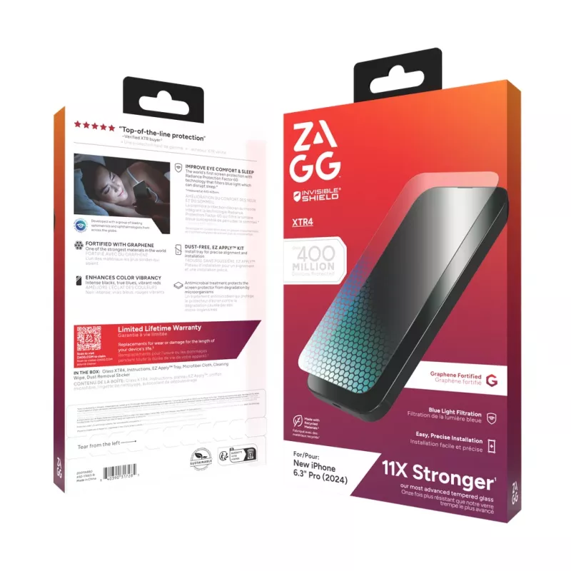 InvisibleShield Glass XTR4 Apple iPhone 16 Pro ecrã, Apple, iPhone 16 Pro, antibacteriano, proteção de luz azul, resistente ao pó, resistente a riscos, transparente, 1 unid.