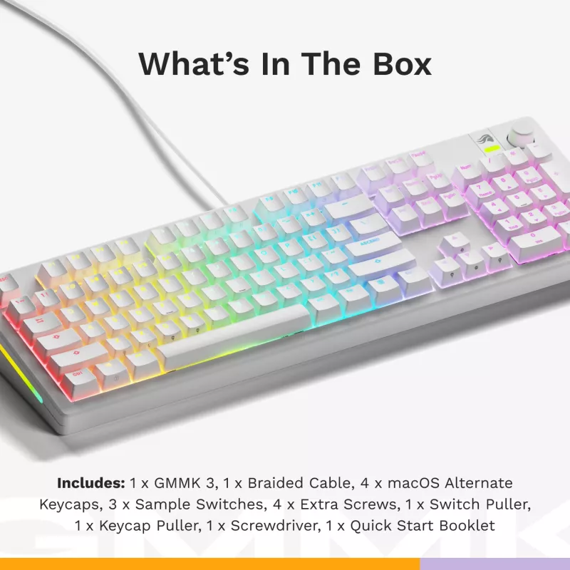 Glorious Gaming GMMK 3 100% Prebuilt com fios branco - US, com fios, USB, mecânico, QWERTY, RGB LED, branco