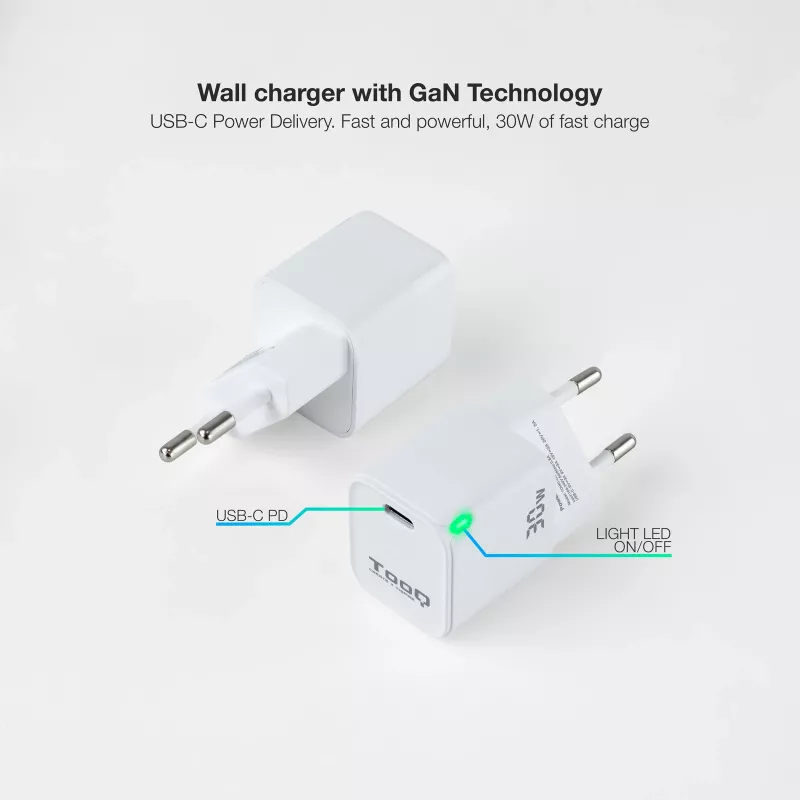 TooQ GAN Carregador de parede USB-C/PD 30W, branco, interior, AC, branco
