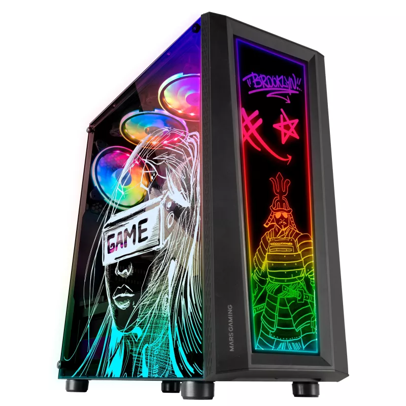 Mars Gaming MC-ART Caixa ATX para PC gaming preta vidro temperado duplamente pintado ARGB 12 modos ventoinha de 12cm