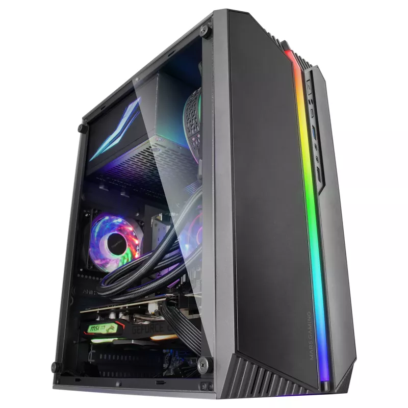 Mars Gaming MC-S1 Caixa compacta Micro-ATX para PC gaming preta iluminação ARGB 12 modos ventoinha FRGB janela lateral completa