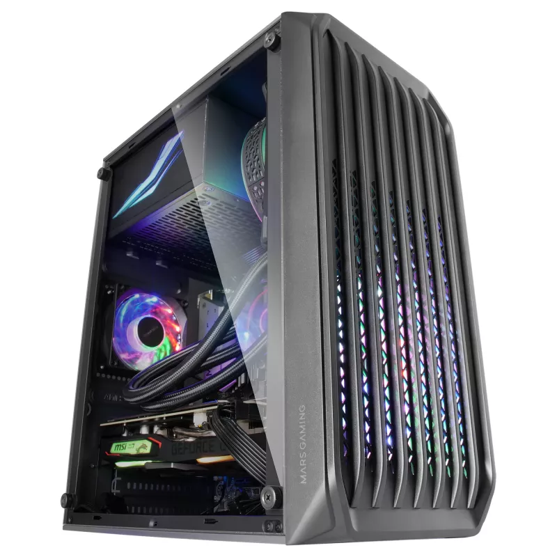 Mars Gaming MC-S2 Caixa de PC Gaming Micro-ATX Compacta Preta 2 Ventoinhas FRGB Arco-íris com Grelha Frontal e Janela Lateral Contínua