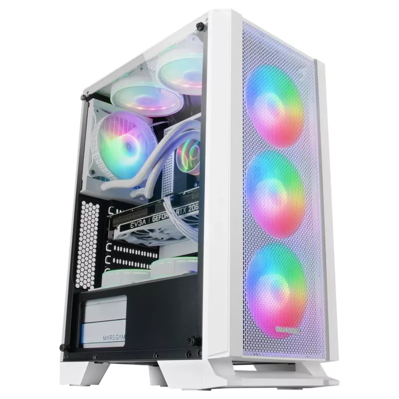 Mars Gaming MC-C Caixa de PC ATX Branca Painel Frontal em Malha Metálica Janela em Vidro Temperado 3 Ventoinhas FRGB Frontais de 120 mm