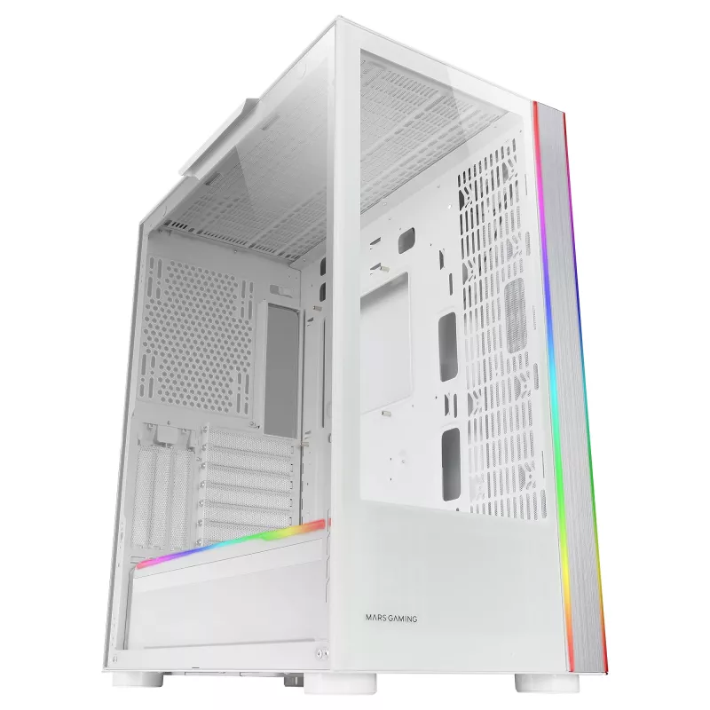Mars Gaming MC-ULTRA White torre gaming XXL personalizada E-ATX com faixas LED ARGB duplas, janelas em vidro temperado duplas, estrutura de câmara vertical dupla