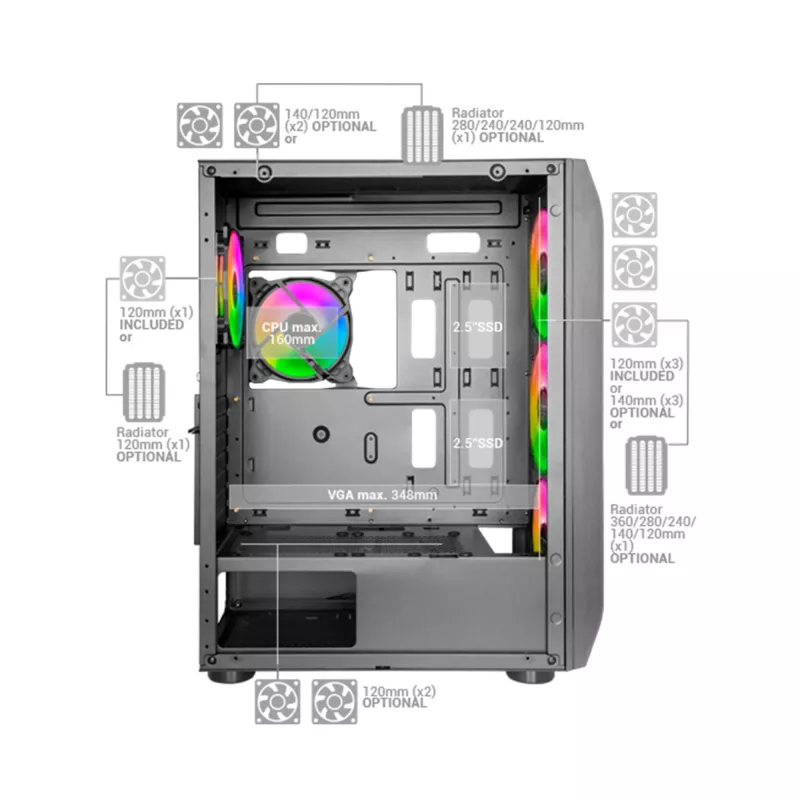 Mars Gaming MC-KX Torre Gaming E-ATX Premium Branca Sistema CPU FREEZER 5 Ventoinhas ARGB Ultrassilenciosas Controlador ARGB e Controlador RF Frente em Malha
