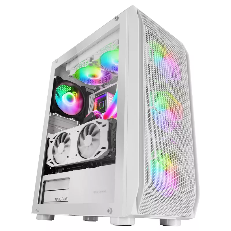 Mars Gaming MC-KX Torre Gaming E-ATX Premium Branca Sistema CPU FREEZER 5 Ventoinhas ARGB Ultrassilenciosas Controlador ARGB e Controlador RF Frente em Malha