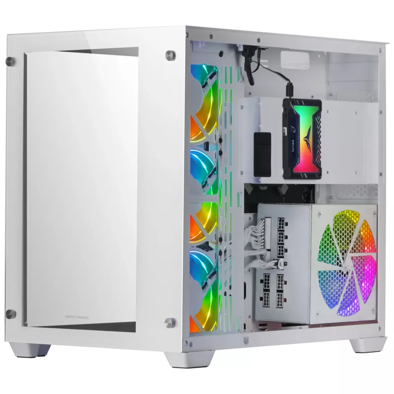 Mars Gaming MCV3 White Custom XXL E-ATX Torre Gaming com Janela de Vidro Temperado Frontal e Lateral, Estrutura Modular de Câmara Dupla