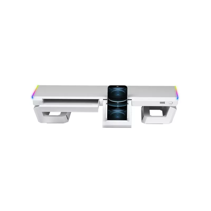 Mars Gaming MGS-ONE Suporte para Monitor Chroma RGB Branco Tamanho Ajustável Suporte para Smartphone e Tablet USB 2.0 Frontal