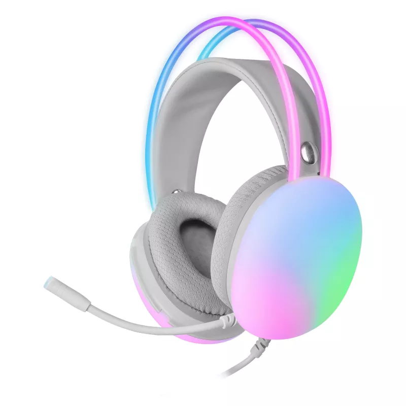 Mars Gaming MH-GLOW Headset Branco 360° Full Chroma RGB Flow Microfone com Cancelamento de Ruído Design Ultraleve Almofadas em Espuma com Memória Compatibilidade Universal
