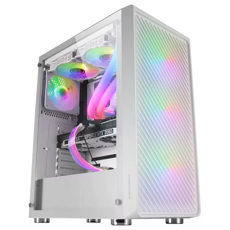 Mars Gaming MC-F White, Semitorre Gaming ATX, Janela de Vidro Temperado, Frente em Malha Metálica, 4 Ventoinhas ARGB de 120 mm