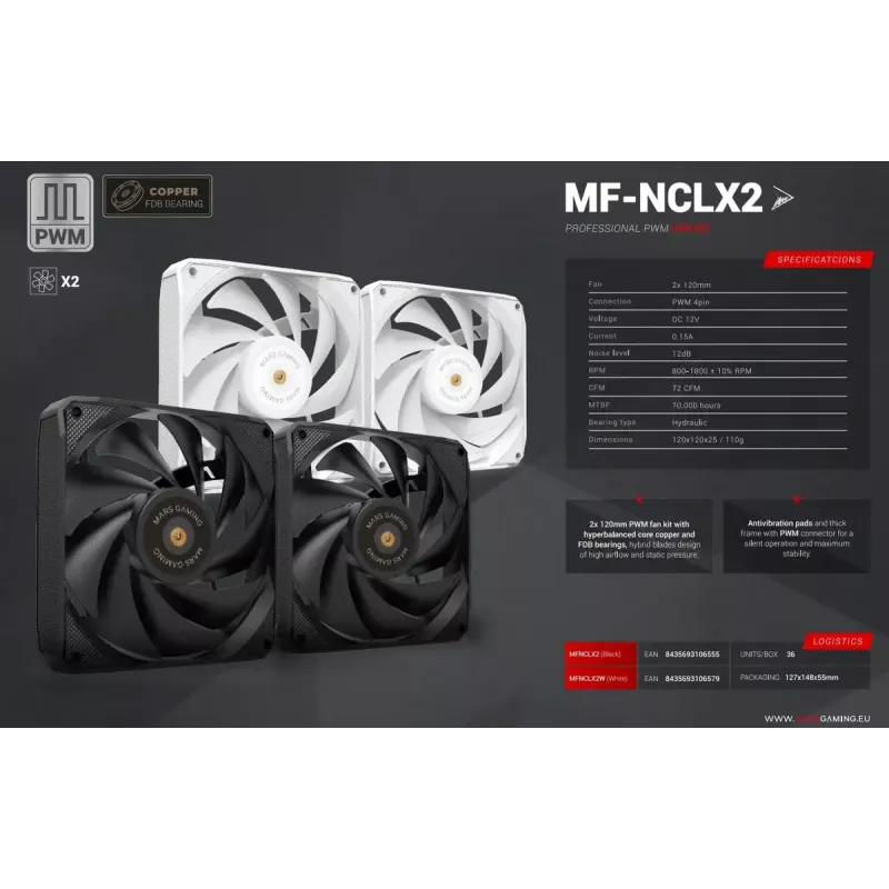 Mars Gaming MF-NCLX2W Ventoinha para Caixa de Computador 12 cm Branca 2 Unid.